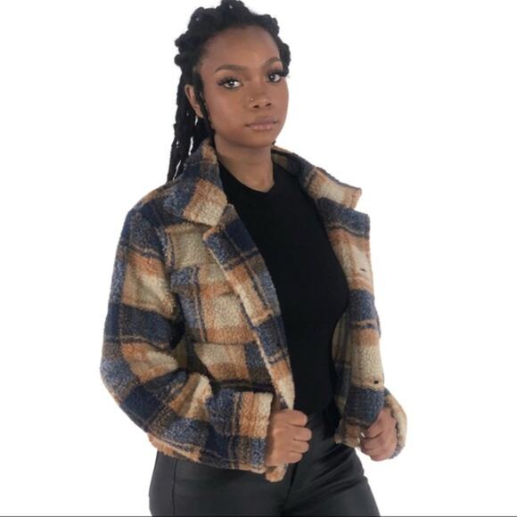 NWT Blue and Brown Plaid Button Up Sherpa Coat - Picture 1 of 5